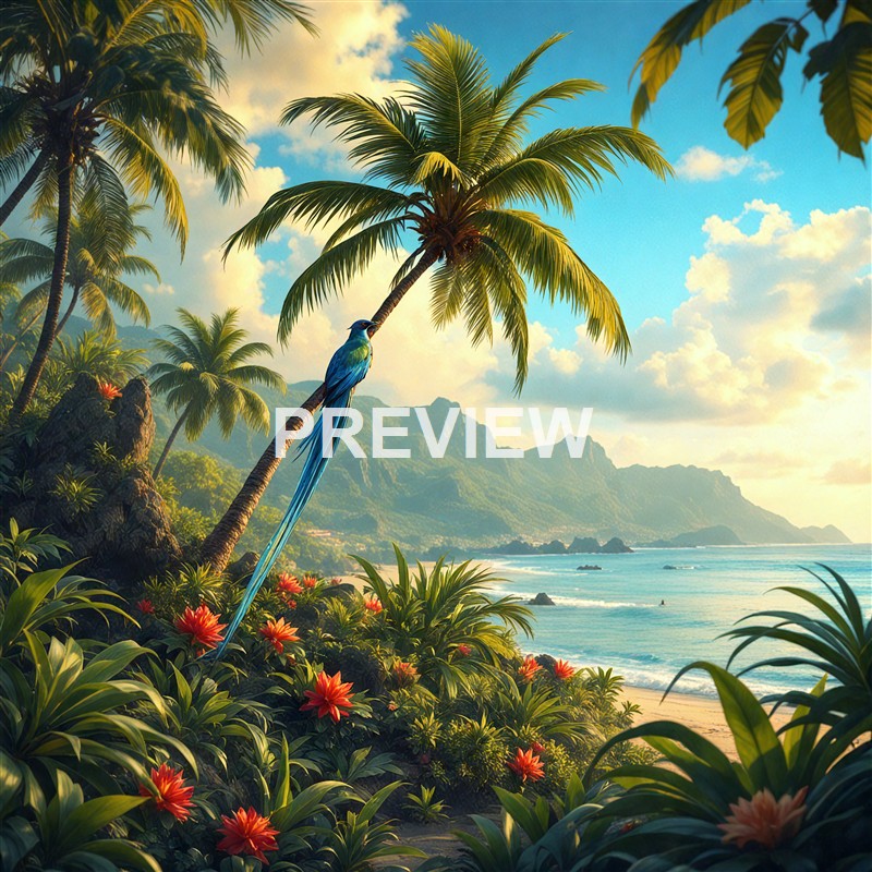 A tropical beach scene featuring tall palm trees, vibrant flowers, a colorful bird perched on a leaning palm, with mountains in the background and a partly cloudy sky.
